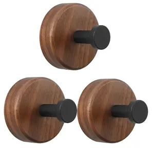 Adhesive Wooden Wall Coat Hooks,3-Pack FarmhouseDecorative Natural Dark Walnut Wood Towel Hooks forHanging Hats Towels Robe Clothes Keys Bags Jackets