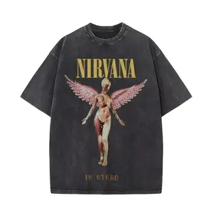 Nirvana rock band men's Retro cotton Washed Tee In Utero album man Women's oversized Y2K distress Tshirt Casual Loose streetwear Streetwear / Hip-Hop Style — Garment-Washed, 100% Pure Cotton with Direct-to-Garment Printing