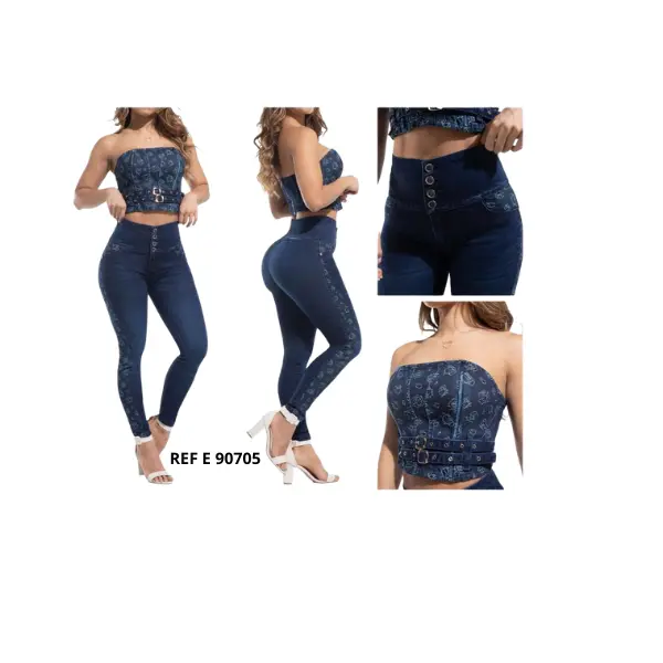 Colombian Butt Lifting Set – Two-Piece Set – Elastic Jean Pants and Blouse, Perfect Fit, Enhances the Silhouette for Women, Colombian Design.