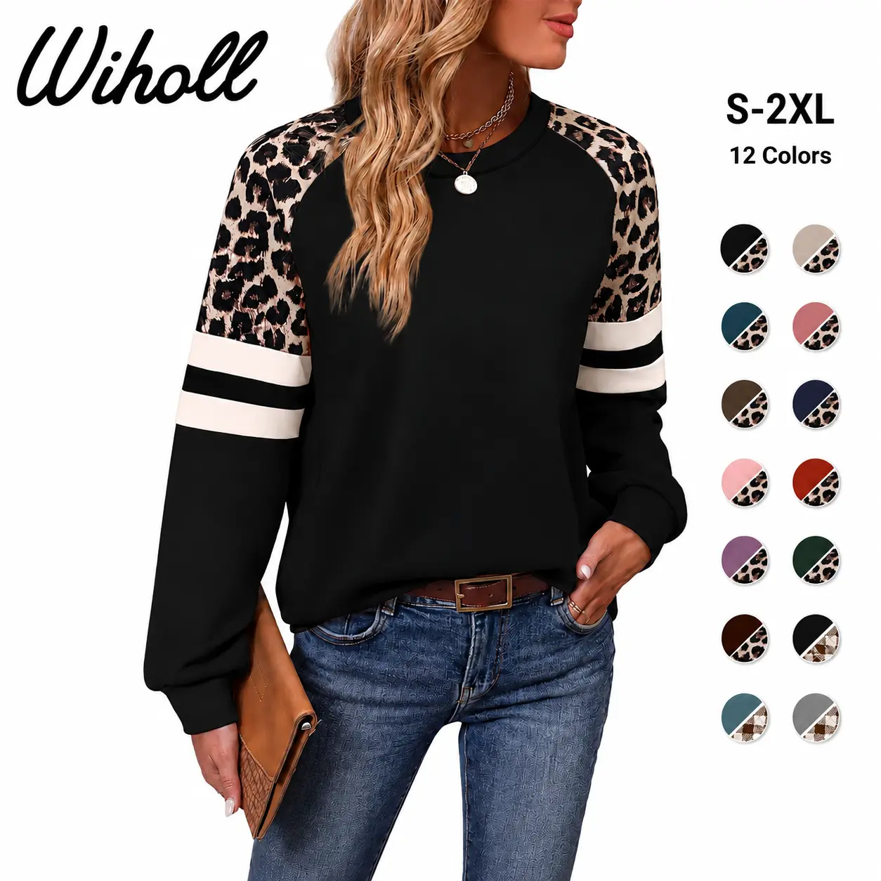 WIHOLL Women's Crewneck Longsleeve Loose-Fit Color Block Sweatshirts - Women's Tops, Poly-Spandex Skin-Friendly Leopard Casual Tops, All-Season Cozy Soft Cold-Wash-Friendly 2026