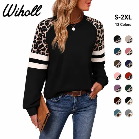 WIHOLL Lady's Crewneck Longsleeves Loose-Fit Color Block Sweatshirt - Trending Clothes, Cute Tops, Poly-Spandex Skin-Friendly Leopard Casual Top, All-Season Cozy Soft Cold-Wash-Friendly 2026