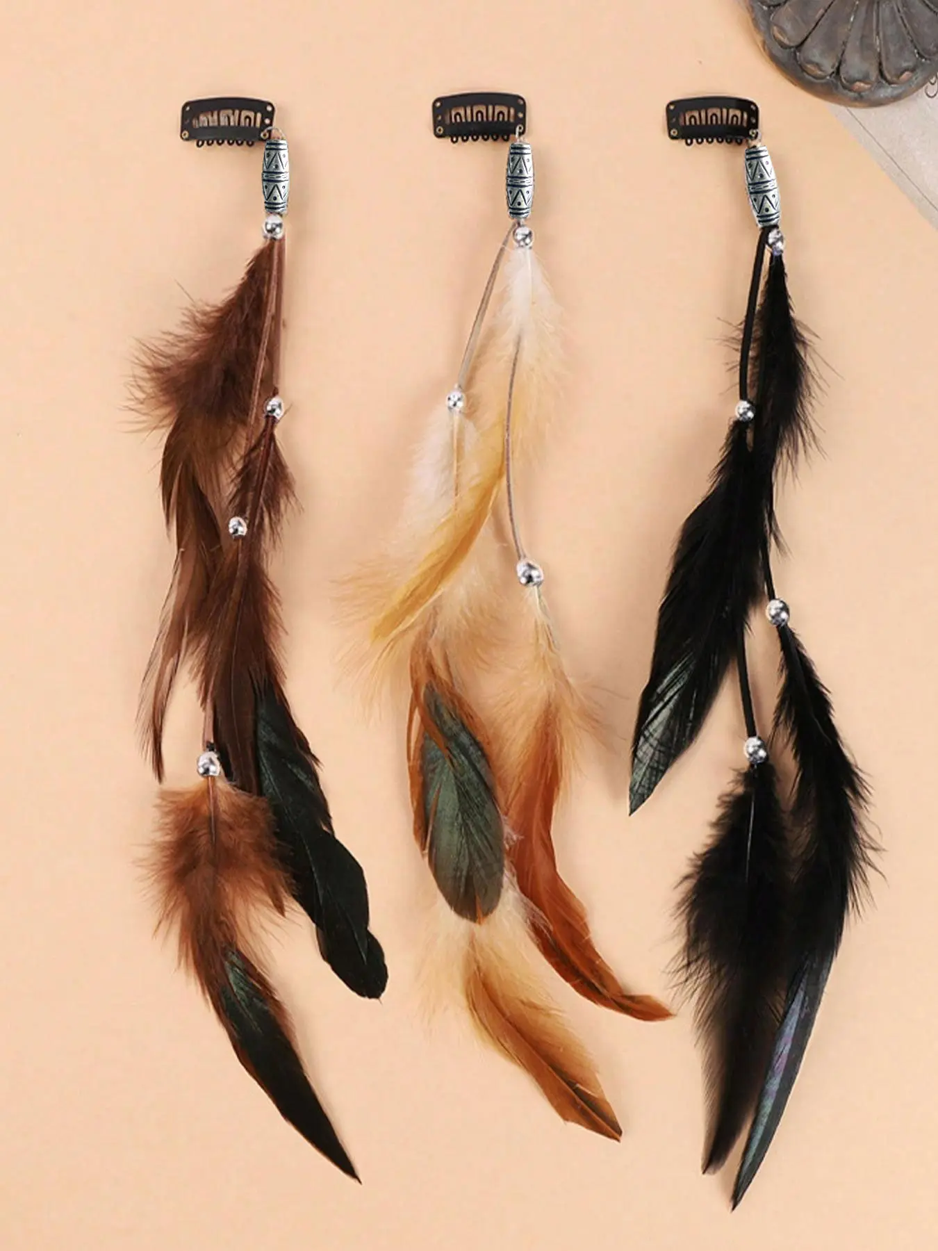 Boho Style Feather Design Hair Clips Set, Vintage Synthetic Feather Hair Accessories with Tassels, Long Ethnic Clips for Photoshoots, Beach Vacations, Hijab Hair Clip, Hair Decor