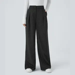 Halara High Waisted Button Zipper Side Pocket Wide Leg Striped Work Pants