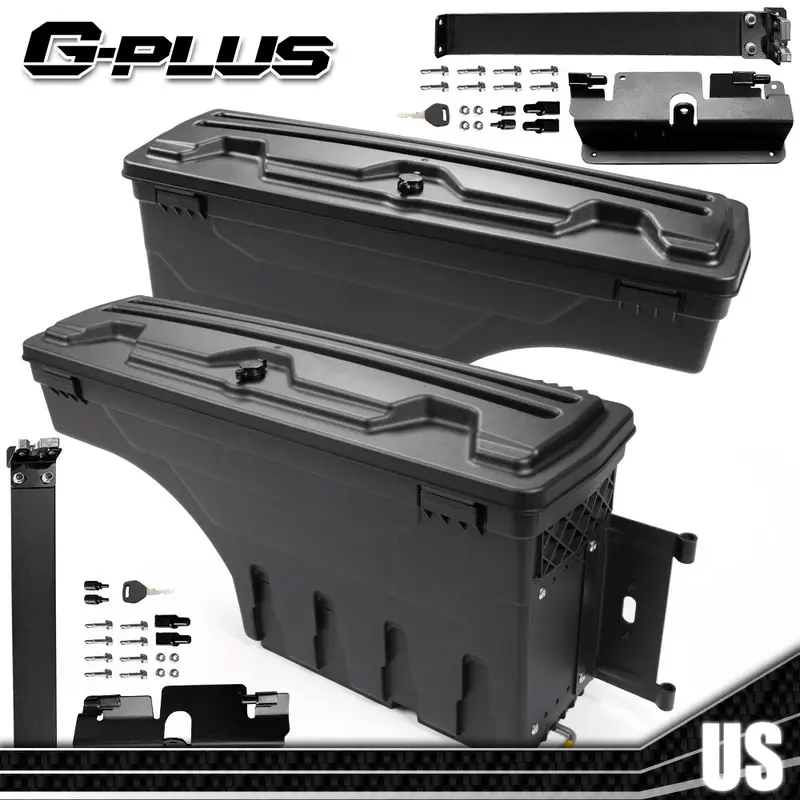G-PLUS ABS Bed Tool Box Set - Right + Left (1 Pair, Box + Tray), Lockable, 180° Swing Access, 75 lbs Capacity, Moisture Resistant, Easy Installation, Fit 07-18 Chevy Silverado/GMC Sierra, 3 Styles, Truck Bed Storage Solution