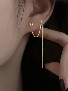 Women Round Bead Ear Thread Earrings, 2 Chain Stud Earrings for Pierced Ears, High-End Niche Design, Korean Minimalist Style