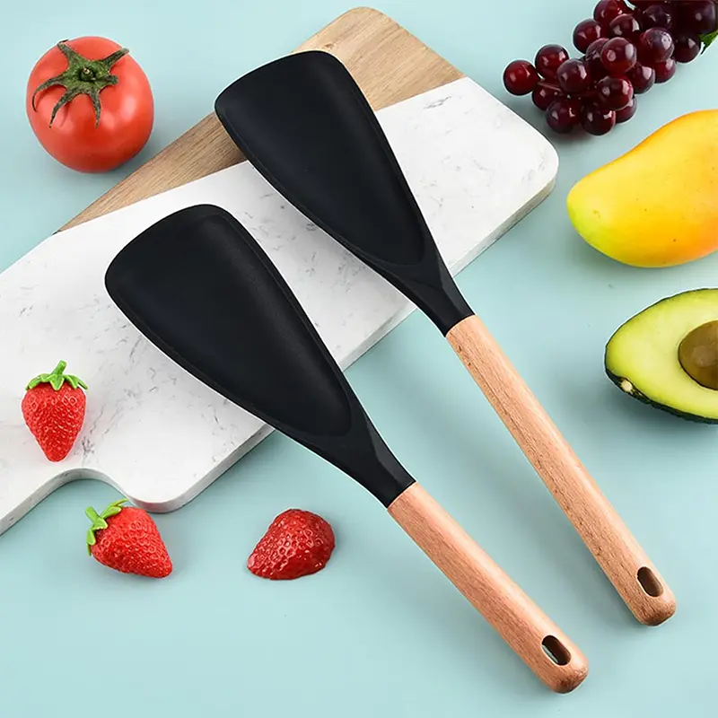 Heat-Resistant Silicone Spatula, 12.2" Cooking Tool with Wooden Grip and Flexible Head for Baking, Non-Stick Safe with Hanging Loop, Cooking Tools, Silicone Head