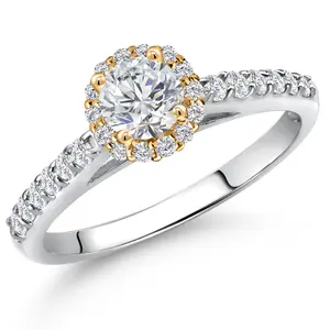 Gem Stone King 10K Two Tone Gold 5MM Round Gemstone Birthstone and Lab Grown Diamond Halo Engagement Ring For Women | Wedding Anniversary Gold Ring | Available in Size 5, 6, 7, 8, 9