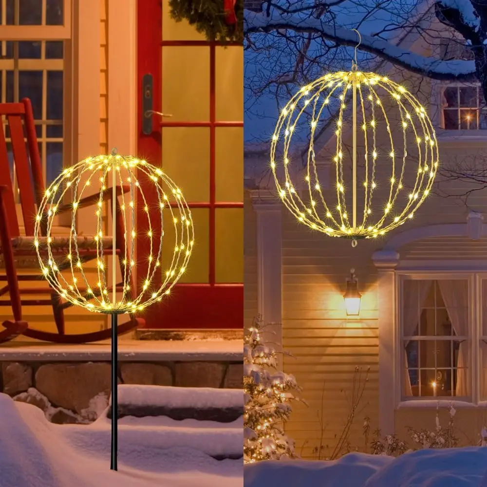 16IN 128LED Light Ball Yard Decoration Pathway Lights Sphere Light with Fold Flat Metal Frame Indoor Outdoor  Garden Lights, Plug in