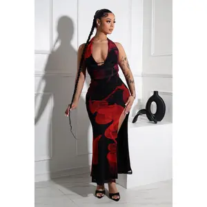 Tatum Mesh Rose Halter Cowl Maxi Dress