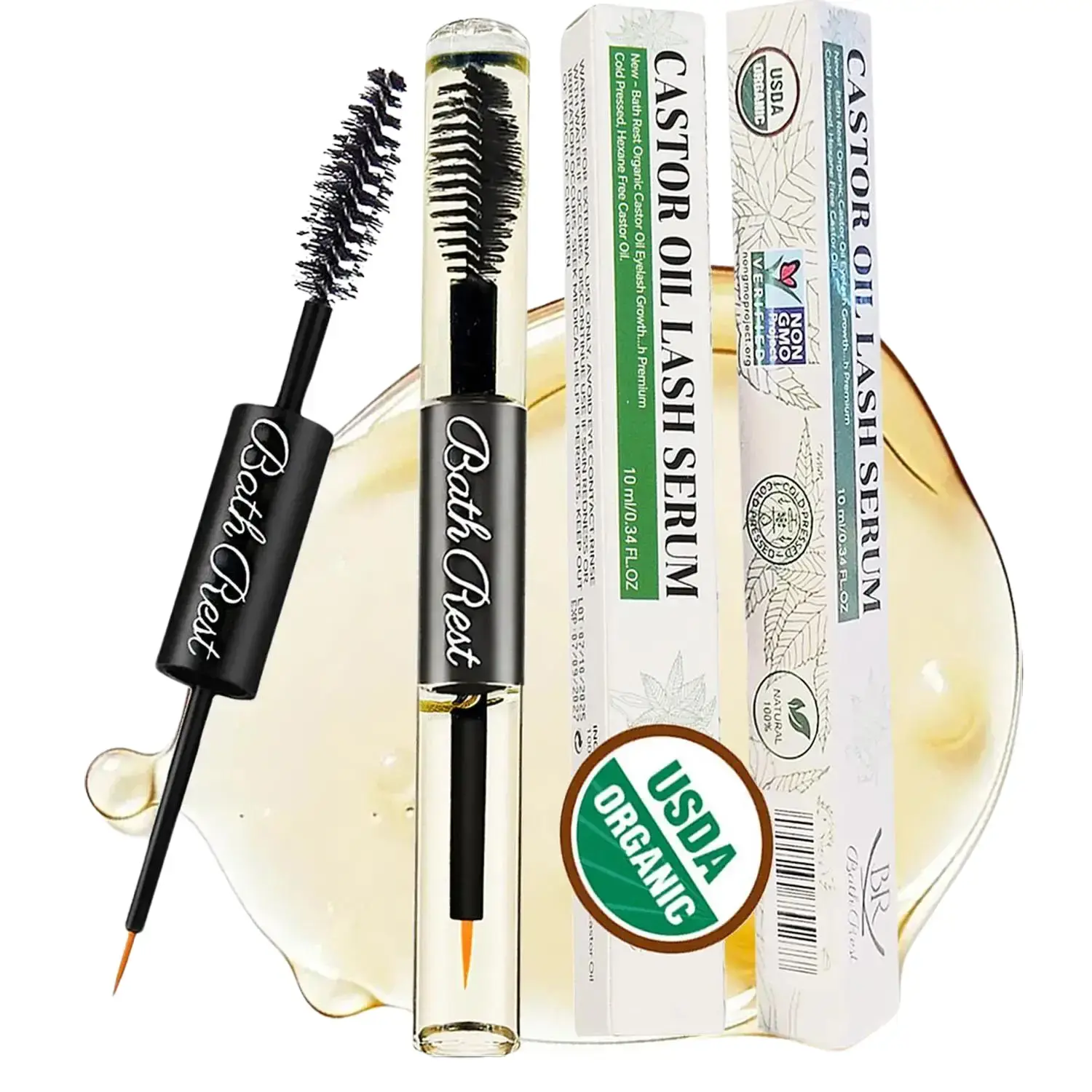 2-Pack USDA Certified Cruelty-Free Eyelash Serum & Eyebrow Enhancer, 100% Pure Organic Cold-Pressed Hexane-Free Castor Oil, 0.34 fl. oz Mascara Tube for Adults’ Daily Makeup, Hair Nourishment & Night Apply