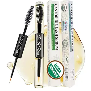 2-Pack Naturally Derived Liquid Lash Serum Growth, USDA Certified 100% Pure Organic Cold-Pressed Hexane-Free Castor Oil, 0.34oz Cosmetic Lash & Eyebrow Enhancer with Mascara Tube for Daily Makeup Use
