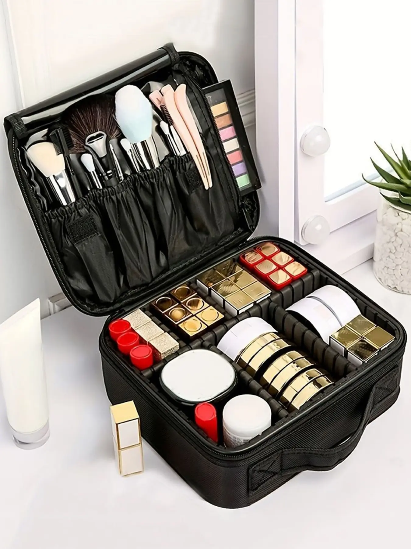 1pcs Water-Proof Travel Makeup Organizer Bag For Women Portable With Dividers Suitable For Cosmetics And Nail Tools, Travel Cosmetic Bags
