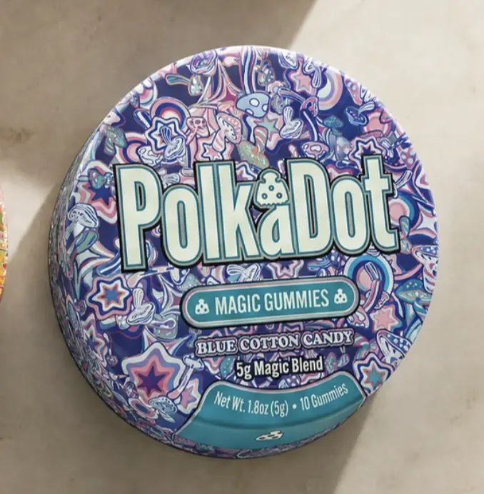 Polkadot Blue Cotton Candy Gummies, 10 Count, Premium Plant-Based Gummies, Soft Chewy Gummies, 100% Organic Ingredients, High-Quality Formula, Freshness-Sealed, Secure Reusable Metal Tin, Travel-Friendly Packaging, Proudly Made in USA