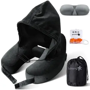 Sunany Ergonomic Inflatable Neck Pillow with Hood, Comfortably Supports Travel & Airplane Sleep for Long Flights, Road Trips & Office Naps