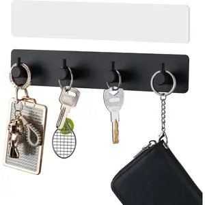 Key Holder with 4 Hooks,Key Hanger Organizer for Wall Mount with 2 Self-Adhesive Tapes,Metal Key Rack for Entryway, Door, Bathroom, Kitchen(Black)