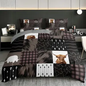 3-piece Highland Cow Abstract Geometric Pattern Quilt Cover Set, Decorative Duvet Cover, includes 1 quilt cover and 2 pillowcases, excluding quilt and pillow insert, soft and comfortable, suitable for bedrooms