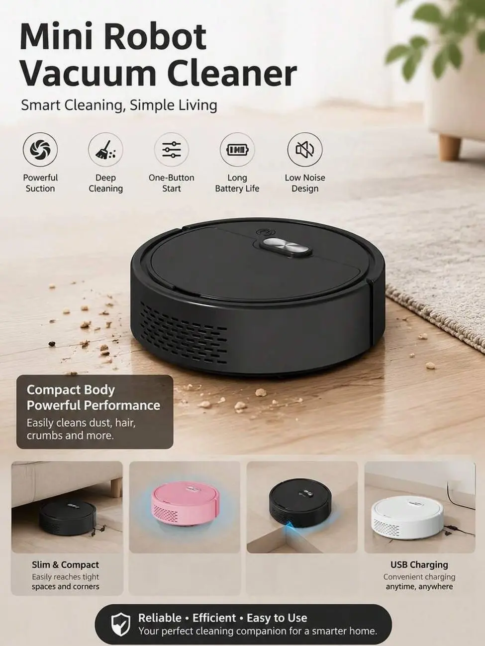 Mini Robot Vacuum Cleaner, Automatic USB Rechargeable Sweeping Machine for Pet Hair, Hard Floors, and Daily Household Dusting