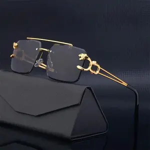 Steampunk Rimless Square Sunglasses Luxury Gold Lion Decoration Vintage Eyewear For Men And Women