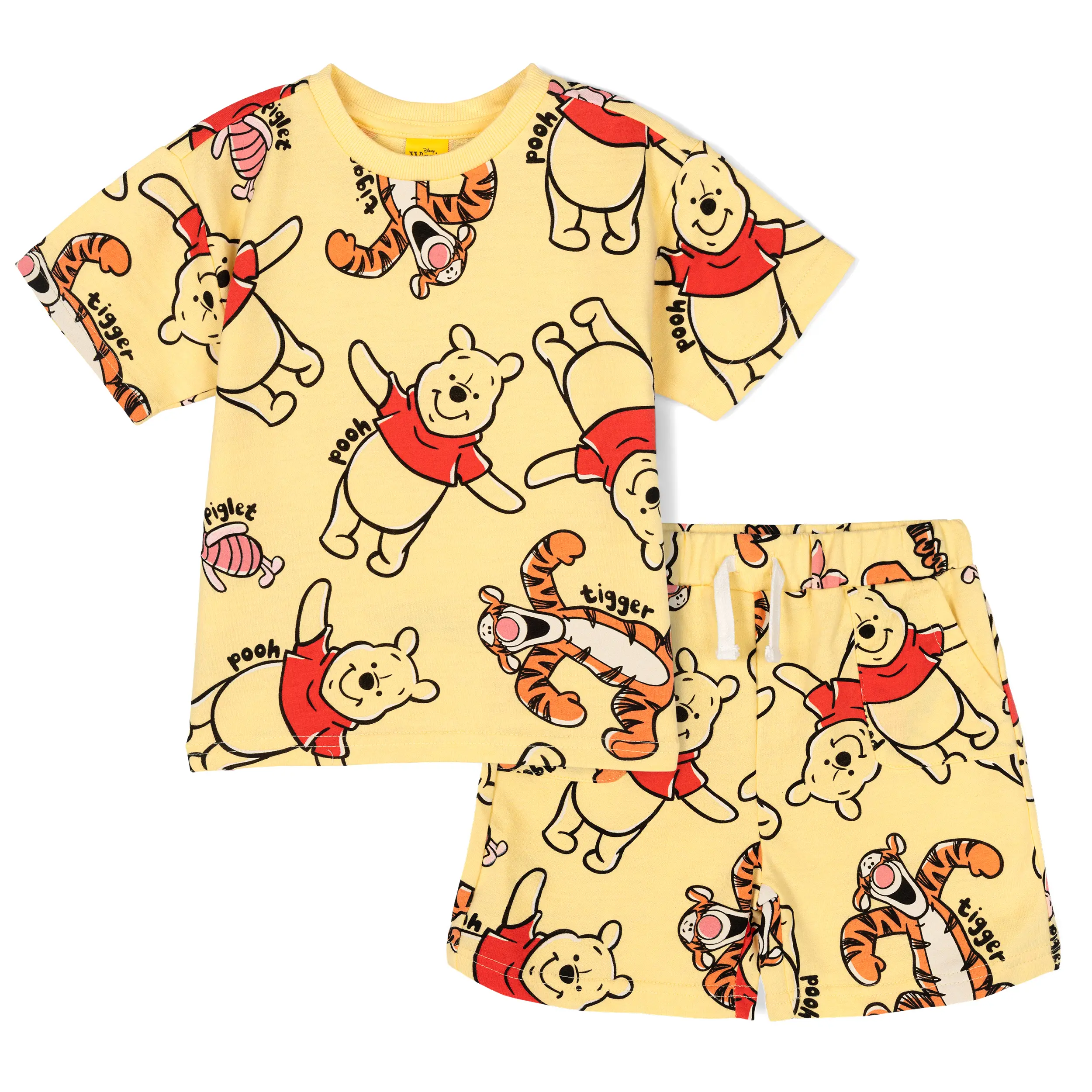 Disney Toddler French Terry 2-Piece Outfit Set, Winnie the Pooh Character Print Short Sleeve Top and Shorts, Yellow, Sizes 2T, 3T, Characters, 4T
