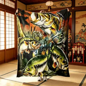 60"x80" Realistic Largemouth Bass Fish Print Throw Blanket, Vintage Outdoor Fishing Style Flannel Blanket, Ideal Holiday Gift for Fishing Lovers