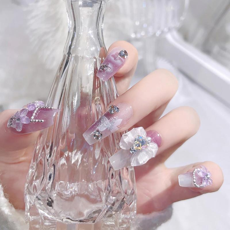 Purple Flower Bow Press-On Nails | 3D Blossom Handmade Gel Tips | Butterfly Charms Tips for Cosplay Con, Virtual Streamer Sessions & Cyberpunk Glam