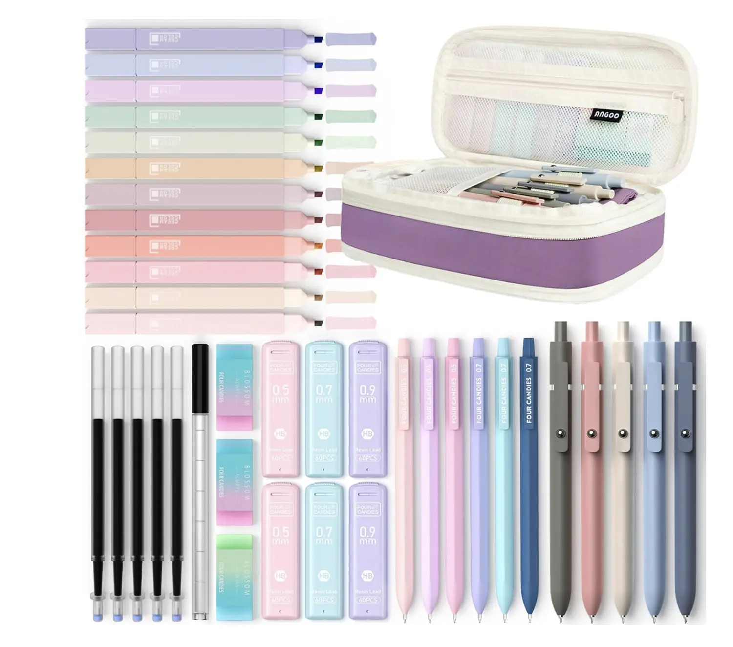 Complete 9-Piece Aesthetic School Supplies Set – Includes a Cute Purple Pen Case, 12 Pastel Highlighters, 5 Smooth Black Gel Pens, and 6 Mechanical Pencils (0.5mm & 0.7mm) – Perfect for Students and College Essentials