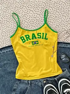 Women's Patchwork Strapless Vest, Casual Brazil Emblem Graphic Top, Sexy Thin Straps Slim Fit, Football Fan Club Wear