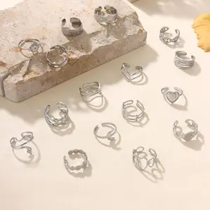 16-Piece Silver Stainless Steel Ring Set Chunky & Slim Bands Adjustable US6-9 Hypoallergenic Non-Tarnish for Women Daily Wear & Stacking