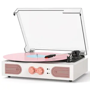 Vinyl Record Player with Built-in Speakers 3-Speed Vintage Record Player Support Treble& Bass Control, 3.5mm Headphone Jack, RCA-Out/Aux in, Belt-Driven LP Turntable,White Rose Gold