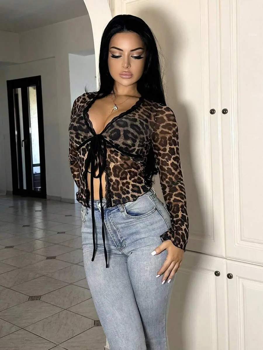 Women's Y2K Leopard Print Mesh Tie Front Top – Lace Trim Sheer Long Sleeve V Neck Going Out Shirt, Slim Fit Streetwear Fabric Leather Polyester Womenswear