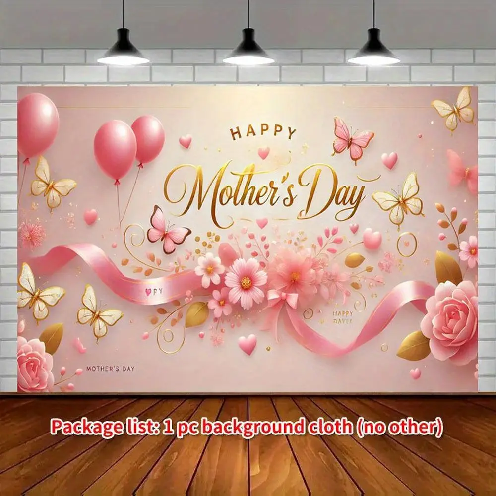 1PC Polyester Reusable Pink 2D Flat Romantic Butterfly-Flower Themed Backdrop Banner, Festive Party Background Cloth for Mother's Day, Photo Prop for Family Gatherings
