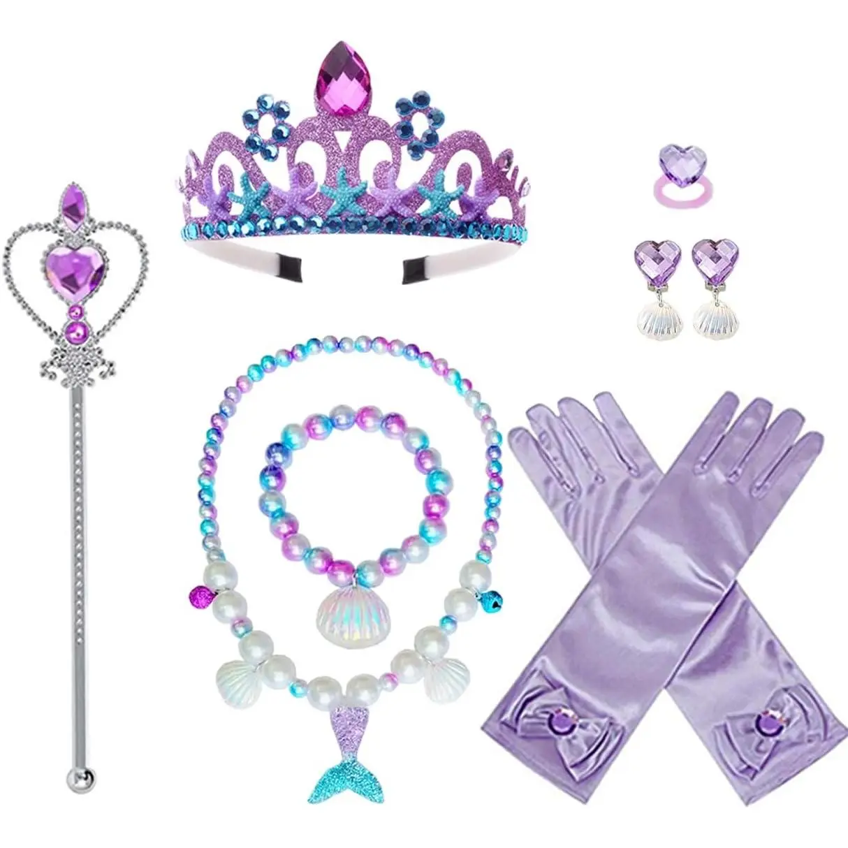 F-CPA02  Princess Mermaid Costume Dress up Accessories for Girls Mermaid Gloves Tiara Crown Necklace Wand Earrings Bracelet Ring Princess Halloween Cosplay Accessories Christmas Gifts Set (Purple Mermaid)