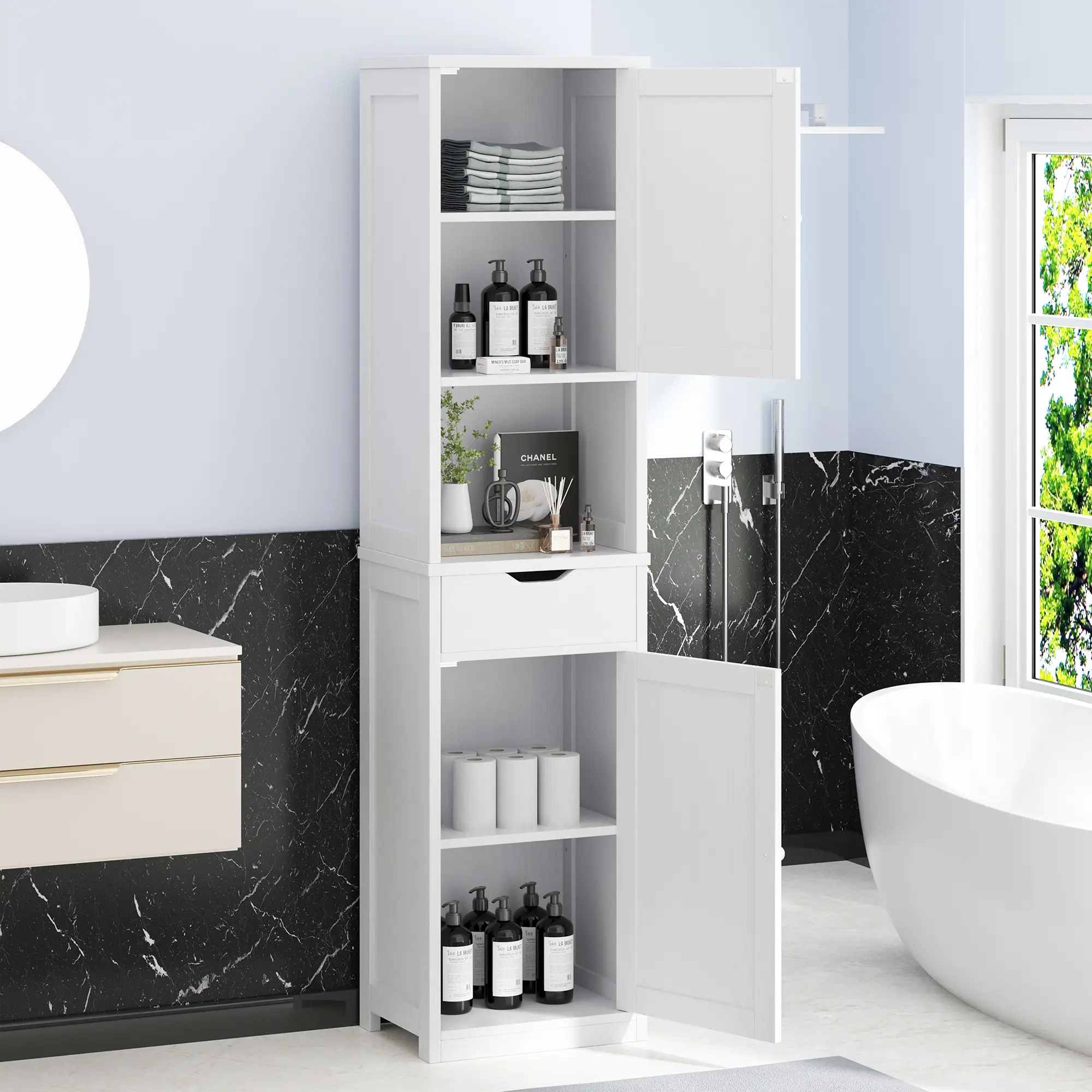 Walsunny Bathroom Cabinet, Corner Sideway Storage Cabinet with Adjustable Shelves, Floor Mount Narrow Tall Cabinet for Home, Versatile Farmhouse Pant