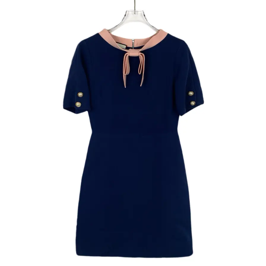RDLT-Gucci GG Buckle Bow Navy Silk-Wool Dress-SIZE 38