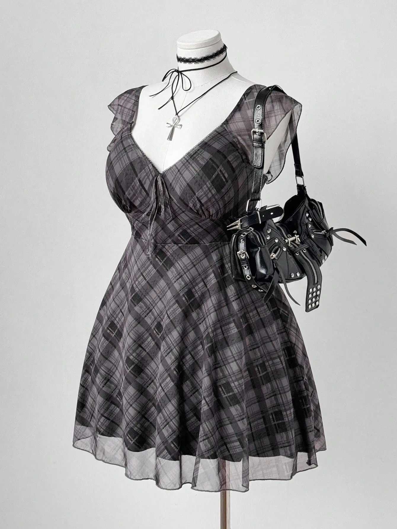 Sunspun Plaid Print Cap Sleeve Square Neck Dress | Vintage Punk Grunge Gothic Dark Plaid Summer Dress