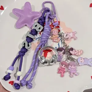 Cute Purple Kpop Boy Band Bangtan Keychain Wristlet  Handmade Charm Bag Accessory