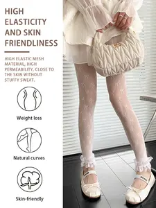 Bow Lace Trim Mesh Socks, High Stretch Breathable Sweet Nine-Inch Socks, Lolita Style Girls' Pantyhose