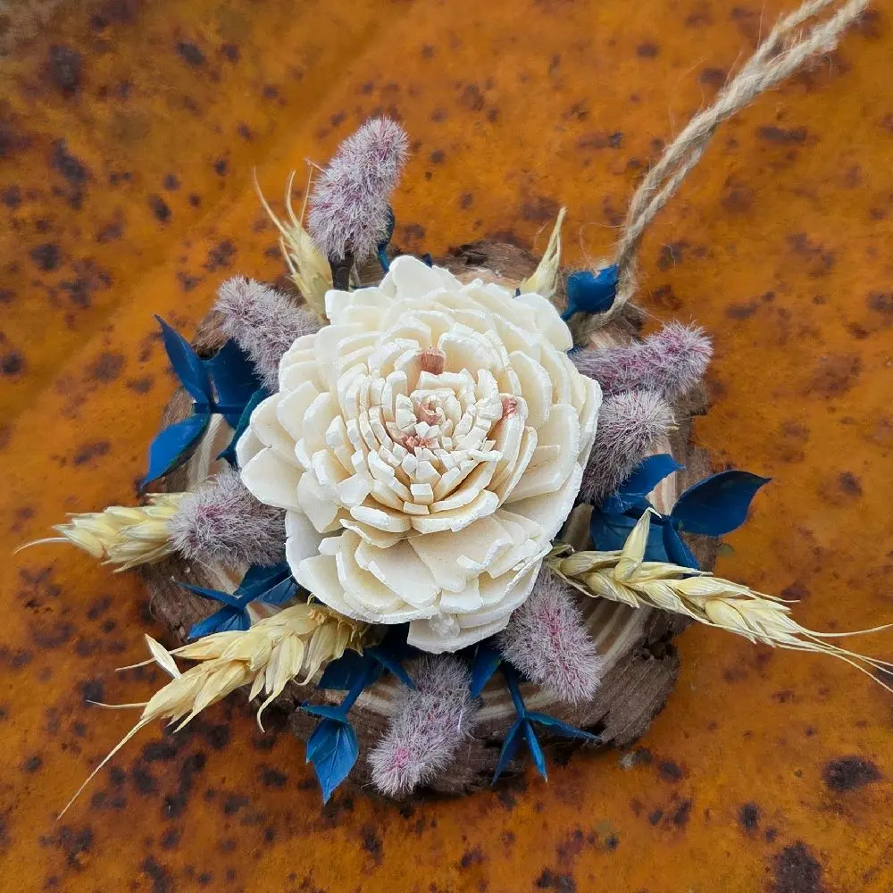 Wooden Flower Christmas Decoration Ornament - 3.5" Diameter with Navy Accents, Wheat, Hanging Home Decor for Tree & Shelves