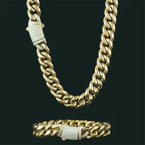 Iced Out Miami Cuban Set 14K Gold Plated Bracelet + Necklace Kits CZ Crystal Clasps That Flash 6–14mm Widths 7.5–30” Lengths Men’s Hiphop Bling Streetwear