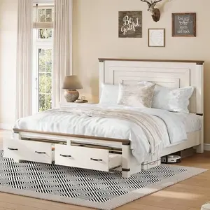 Full Size Farmhouse Platform Bed Frame With Geometric Headboard And Footboard – Rustic Wood Design With Large Storage Drawers, Sturdy Slats Support, No Box Spring Required White Glass Door Wardrobe Set