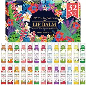 32 Pack Lip Balm, Natural Lip Balm Bulk with Vitamin E and Coconut Oil, Moisturizing Lip Balms for Dry Lips-16 Flavors