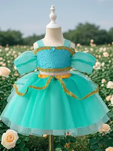 Toddler Girl's Floral Embroidery Mesh Overlay Sequins Party Dress, Floral Pattern Dress, Elegant Round Neck Sleeveless A Line Dress for Party, Kids Clothes for All Seasons