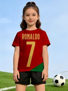 Girls' short-sleeve T-shirt Ronaldo Seven Red Green Graphic Print Shirt Game Graphic Tee Pattern 3D full-width printing spring and summer cultivate one's moral character Sports leisure comfort summer elastic texture essential for outdoor sports polyester