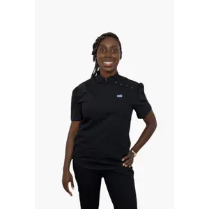 Lenine Mandarin Collar Scrub Top - Black -  Short Sleeve Blouse for Women - Comfortable Basic Design - Minimalist, Womenswear, Shirts, Shortsleeve