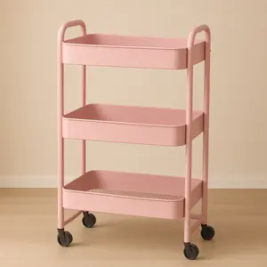 3 Tier Rolling Cart, Metal Utility Cart with 4 Hooks Storage Cart on Wheels Craft Cart with Handle for Organizer Storage for Classroom Office Dorm Home Pink and white.
