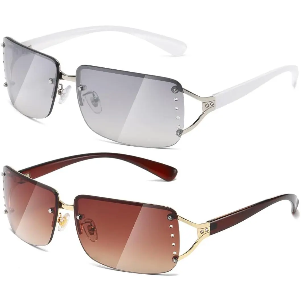 Rimless Rectangle Sunglasses for Women and Men, 2000s Style Metal Frame with Diamond Accents, UV400 Protection for Shopping and Traveling