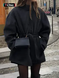 Elegant Stand Collar Belted Long Coat Jackets, Plain Pattern, Fitted Style, Long Sleeve, Casual Fall & Winter Outerwear