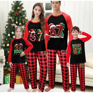 Matching Family Christmas Pajamas 67 Bruh Six Seven Meme Funny Holiday PJs Red Black Buffalo Plaid Pajama Sets for Family Xmas Sleepwear Gen Alpha Brainrot Viral Trend Cozy Long Sleeve Tops Pants Adult Kids 2025