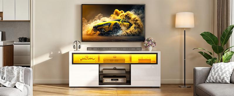 DWVO LED TV Stands for Living Room, TV Stand 55 inch TV, Entertainment Center with Storage, Modern White TV Stand, High Glossy Wood TV Media Console Cabinet, Black & White