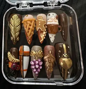 AuréNails – Autumn Harvest Press Ons Brown Gold 3D Pie Coffee Gingerbread Nail Art, Fall Latte Thanksgiving Nails – AN08